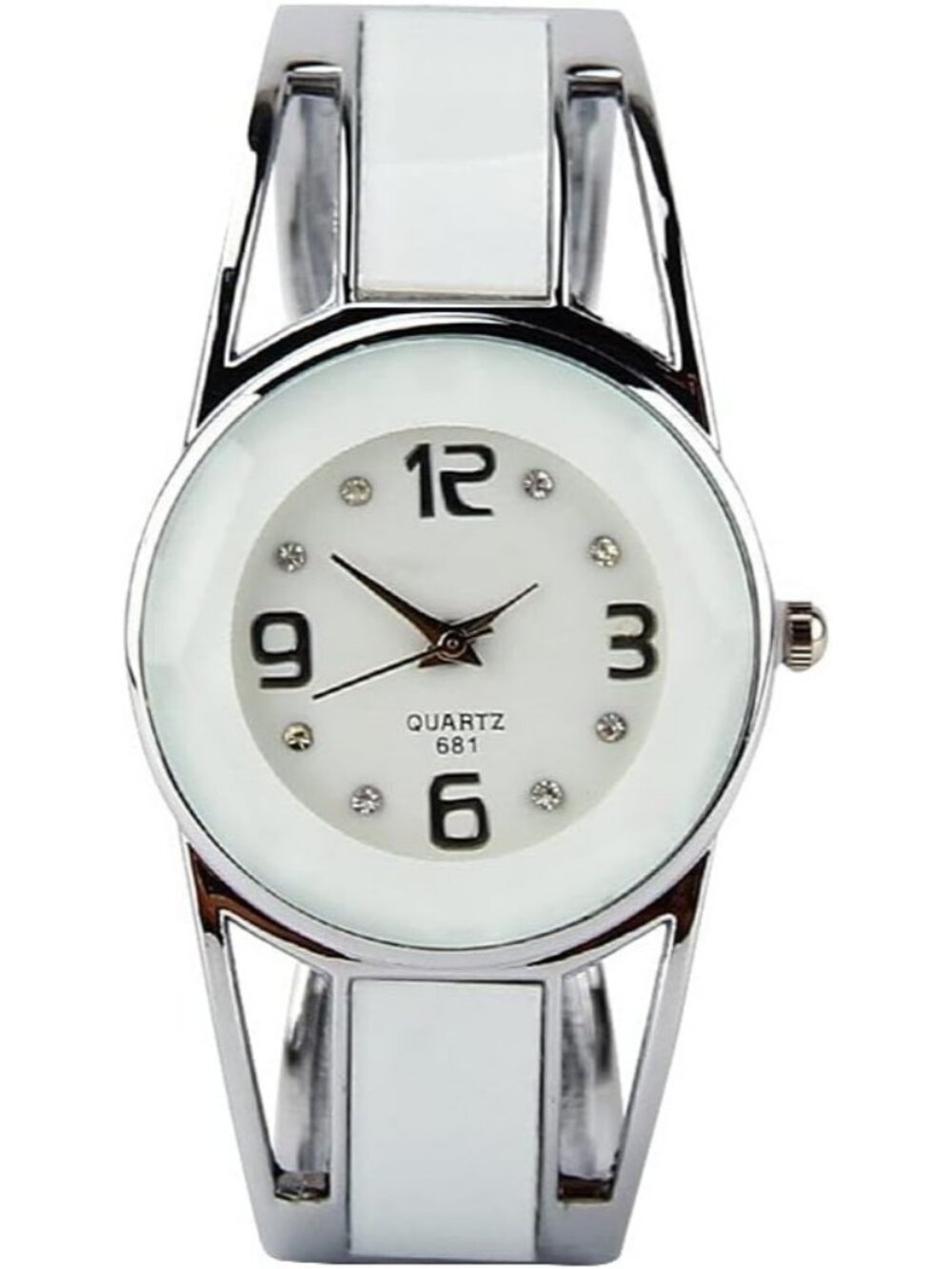 Women's White Quartz with Rhinestone Round Dial Stainless Steel Cuff Wristwatch